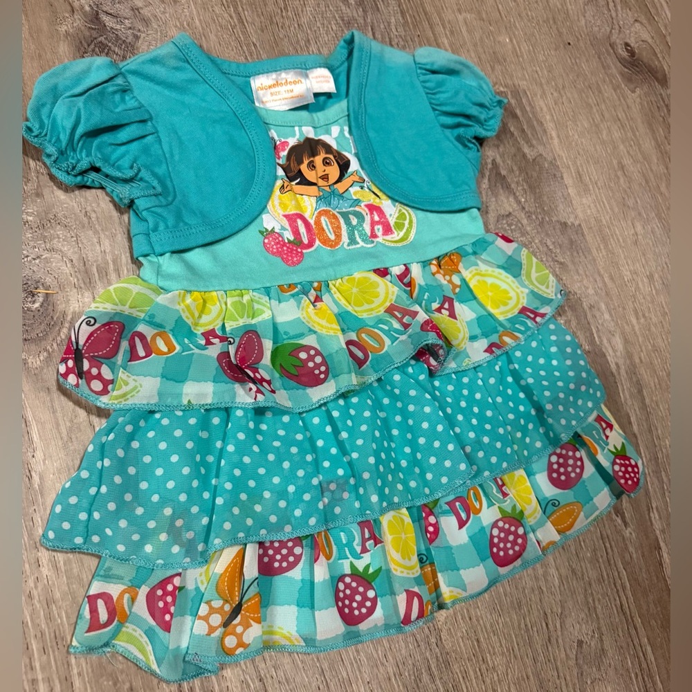 Dora the Explorer Baby Dress 18M | Nickelodeon Turquoise Ruffle Print Tiered - Picture 3 of 4